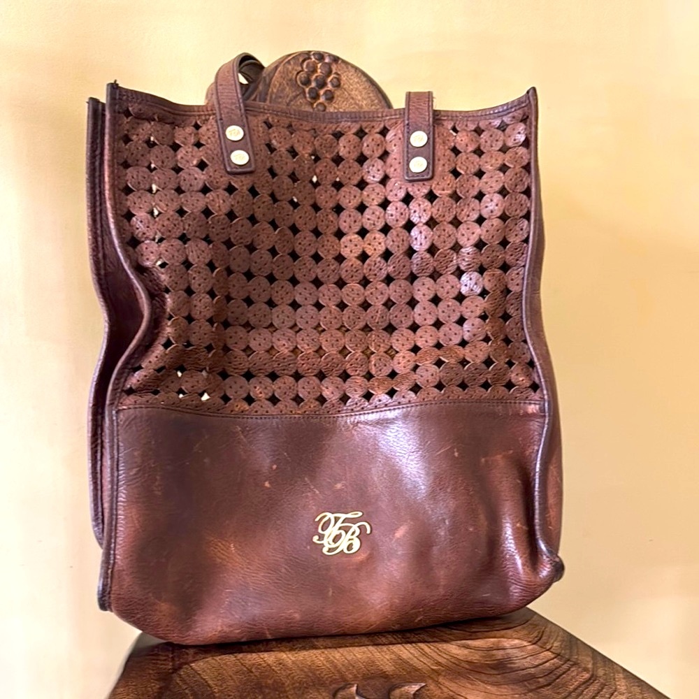 Brown Leather Tote with Perforated Design